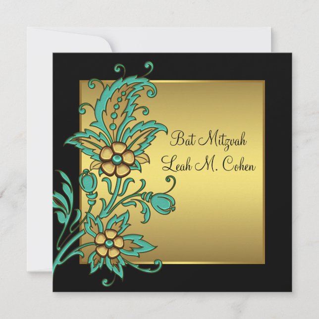Bat mitzvah Teal Guld Flowers Black Guld Inbjudningar (Framsida)