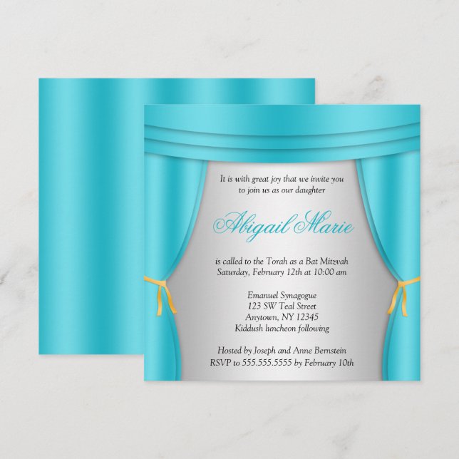Bat mitzvah torget för Hollywood Teal Silver-ridån Inbjudningar (Fram/baksida)