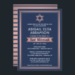 Bat mitzvah Trendiget Guld i den moderna marinen B Inbjudningar<br><div class="desc">Inbjudan familj och vänner till en bat mitzvah ceremoni i elegant och firande med en inbjudan från snyggt anpassningsbar marin blå, vit och rosa ros guld. All text i den här mallen är enkel att anpassa med valfri ordalydelse för tjänsten, Torah-läsningen och party. Utformningen har trendig faux ro guld foil...</div>