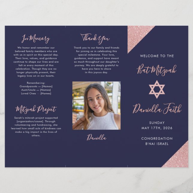 Bat Mitzvah Tri-Fold Program Navy Rose Gold  (Framsidan)