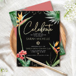 Bat mitzvah Tropical Black Guld Blommigt Watercolo Tilläggskort<br><div class="desc">Var stolt, gladd och visa den här milstolpen av din favoritBat mitzvah! Inkludera den här moderna, sofistikerade infogningen av personliger för ytterligare information om evenemanget. Snyggt, bedövande, färgstarka, tropiska vattenfärgfåglar av paradisblommor, handskrivet faux guld-skript, stjärnan av David och glitter-punkter, tillsammans med modern sans serif-typ, täcker över en dramatisk, svart bakgrund....</div>