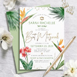 Bat mitzvah Tropical Guld Script Blommigt Watercol Inbjudningar<br><div class="desc">Var stolt, gladd och visa den här milstolpen till din favoritBat mitzvah med den här sofistikerade inbjudan till personligen! Snyggt, bedövande, färgstarka, tropiska vattenfärgfåglar av paradisblommor, handskrivet faux guld-skript, stjärnor av David- och glitter-punkter, tillsammans med grönt- och grått-modern sans serif-typ, täcker över en vit bakgrund. Ytterligare vattenfärgsfärgade löv i handflatan...</div>