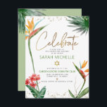 Bat mitzvah Tropical Guld Script Blommigt Watercol Tilläggskort<br><div class="desc">Var stolt, gladd och visa den här milstolpen av din favoritBat mitzvah! Inkludera den här moderna, sparsamma infogningen av personlig för ytterligare information till evenemanget. Snyggt, bedövande, färgstarka, tropiska vattenfärgfåglar av paradisblommor, handskrivet faux guld-skript, stjärnor av David- och glitter-punkter, tillsammans med grönt- och grått-modern sans serif-typ, täcker över en vit...</div>