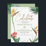Bat mitzvah Tropical Guld Script Blommigt Watercol Tilläggskort<br><div class="desc">Var stolt, gladd och visa den här milstolpen av din favoritBat mitzvah! Inkludera den här moderna, sparsamma infogningen av personlig för ytterligare information till evenemanget. Snyggt, bedövande, färgstarka, tropiska vattenfärgfåglar av paradisblommor, handskrivet faux guld-skript, stjärnor av David- och glitter-punkter, tillsammans med grönt- och grått-modern sans serif-typ, täcker över en vit...</div>