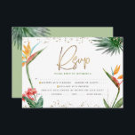 Bat mitzvah Tropical Guld Script Handflatan Waterc OSA Kort<br><div class="desc">Var stolt, gladd och fira den här milstolpen av din favorit Bat mitzvah med det här sofistikerade, personlig OSA-inmatningskortet för ditt evenemang! Snyggt, bedövande, färgstarka, tropiska vattenfärgfåglar av paradisblommor, handskrivet faux guld-skript, stjärnor av David- och glitter-punkter, tillsammans med grönt- och grått-modern sans serif-typ, täcker över en vit bakgrund. Ytterligare vattenfärgsfärgade...</div>