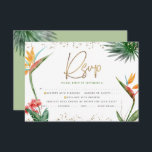Bat mitzvah Tropical Guld Script Handflatan Waterc OSA Kort<br><div class="desc">Var stolt, gladd och fira den här milstolpen av din favorit Bat mitzvah med det här sofistikerade, personlig OSA-inmatningskortet för ditt evenemang! Snyggt, bedövande, färgstarka, tropiska vattenfärgfåglar av paradisblommor, handskrivet faux guld-skript, stjärnor av David- och glitter-punkter, tillsammans med grönt- och grått-modern sans serif-typ, täcker över en vit bakgrund. Ytterligare vattenfärgsfärgade...</div>