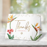 Bat Mitzvah Tropisk Akvarell Blommig Guld Skrift Tack Kort<br><div class="desc">Se till att din favorit Bat Mitzvah visar sin uppskattning till alla som stödde hennes milstolpe! Skicka ut detta sofistikerade, personliga tackkort! Stylish, fantastiska, färgglada, tropiska akvarellfåglar paradisfåglar blommor, falskt guld handskriven skrift, Davidsstjärna och glitterprickar, tillsammans med rosapink modern sans serif-typ, överlagrar en vit bakgrund. Ytterligare akvarellparadisfåglar och en guld...</div>