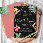 Bat Mitzvah Tropisk Svart Guld Blommig Akvarell Inbjudningar<br><div class="desc">Var stolt, gläd dig och visa upp denna milstolpe för din favorit Bat Mitzvah med denna sofistikerade, personliga inbjudan! Stilsäkra, fantastiska, färgglada, tropiska akvarellfåglar paradisfåglar, falskt guld handskriven skrift, Davidsstjärna och glitterprickar, tillsammans med modern sans serif-typ, överlagrar en dramatisk, svart bakgrund. Ytterligare akvarellpalmblad och en gulddavidsstjärna överlagrar dammig, rosaröd på...</div>