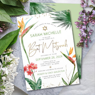 Bat Mitzvah Tropiskt Blommotiv Vattenfärg Guldskri Inbjudningar
