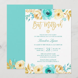 Bat mitzvah Turcos Mint Guld Blommigt Inbjudningar