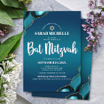 Bat mitzvah Turcos Ombre Agate Modern Script Inbjudningar<br><div class="desc">Var stolt, gladd och visa den här milstolpen av din favoritBat mitzvah! Skicka ut den här coolan, en unik, modern inbjudan till personligen om en händelse att komma ihåg. Vit manustypografi och en faux guld Star av David täcker över en djup turkoise teal blue ombre-bakgrund med turkospolblåagat accentuerad med faux...</div>