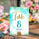 Bat mitzvah Turcos Watercolor Girly Guld-skript Bordsnummer<br><div class="desc">Inget Bat mitzvah party är färdigt utan bordsnummer av personlig. Låt din favorit Bat mitzvah vara stolt, glädjas och fira hennes milstolpe på hennes perfekt samordnade party. Ett handskrivet skript med en häftig, modern, glatt guld-faux-folie och små prickar täcker över en turkosa blå vattenfärgsbakgrund. Anpassa anpassningsbarna till bordsnumret, hennes namn...</div>
