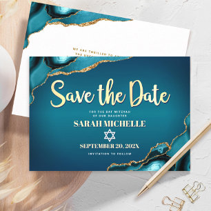 Bat Mitzvah Turkos Agat Ombre Guld Script Chic Spara Datumet