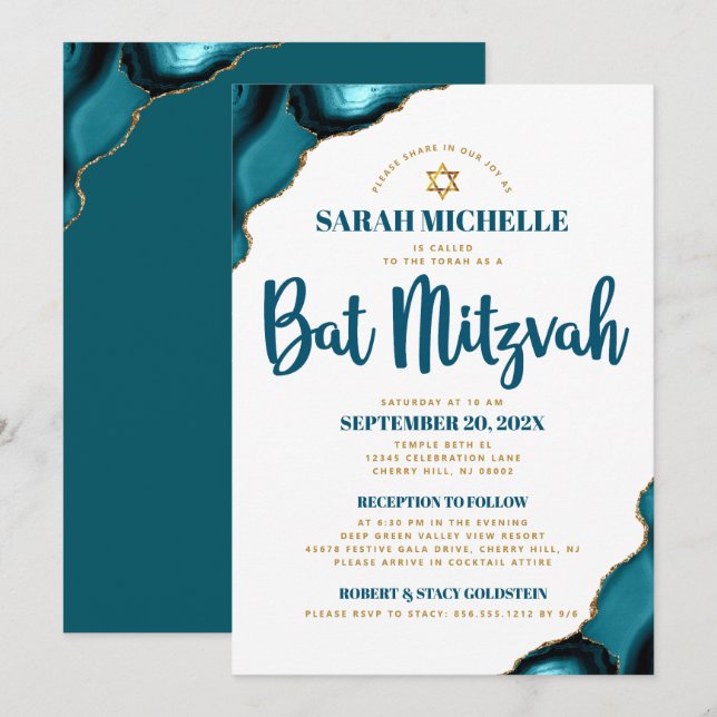 Bat Mitzvah Turkos Agat Skript 2 Lokal Modern Inbjudningar (Fram/baksida)
