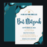 Bat mitzvah turkos Agate Script 2 Venue Modern Inbjudningar<br><div class="desc">Var stolt, gladd och visa den här milstolpen av din favoritBat mitzvah! Skicka ut den här coolan, en unik, modern inbjudan till personligen om en händelse att komma ihåg. Mörk, blått manustypografi och faux guld Star av David överlägger enkel, ren, vit bakgrund med turkosa blå agat accentuerad med faux guld...</div>