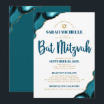 Bat mitzvah turkos Agate Script 2 Venue Modern Inbjudningar<br><div class="desc">Var stolt, gladd och visa den här milstolpen av din favoritBat mitzvah! Skicka ut den här coolan, en unik, modern inbjudan till personligen om en händelse att komma ihåg. Mörk, blått manustypografi och faux guld Star av David överlägger enkel, ren, vit bakgrund med turkosa blå agat accentuerad med faux guld...</div>