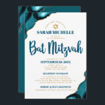 Bat mitzvah turkos Agate Script 2 Venue Modern Inbjudningar<br><div class="desc">Var stolt, gladd och visa den här milstolpen av din favoritBat mitzvah! Skicka ut den här coolan, en unik, modern inbjudan till personligen om en händelse att komma ihåg. Mörk, blått manustypografi och faux guld Star av David överlägger enkel, ren, vit bakgrund med turkosa blå agat accentuerad med faux guld...</div>