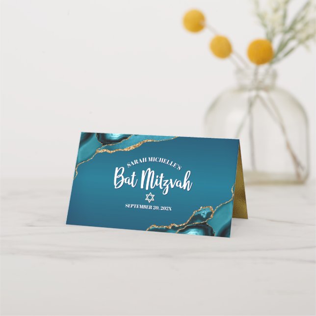 Bat Mitzvah Turkos Blå Ombre Guld Agat Modern Placeringskort (Baksida)