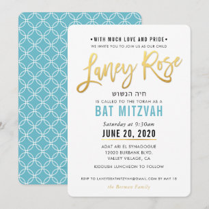 BAT MITZVAH turkos blått guld-skript LANEY RO Inbjudningar