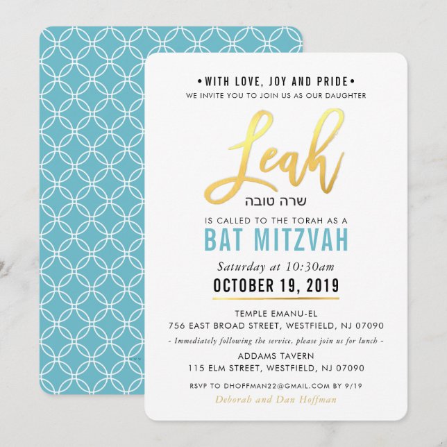 BAT MITZVAH turkos blått guld-skript LEAH Inbjudningar (Fram/baksida)