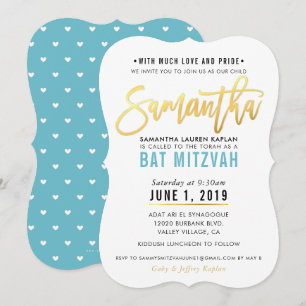 BAT MITZVAH turkos blått guld-skript SAMANTHA Inbjudningar