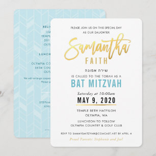 BAT MITZVAH turkos blått guld-skript SAMANTHA Inbjudningar
