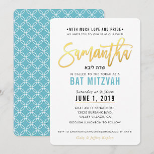 BAT MITZVAH turkos blått guld-skript SAMANTHA Inbjudningar