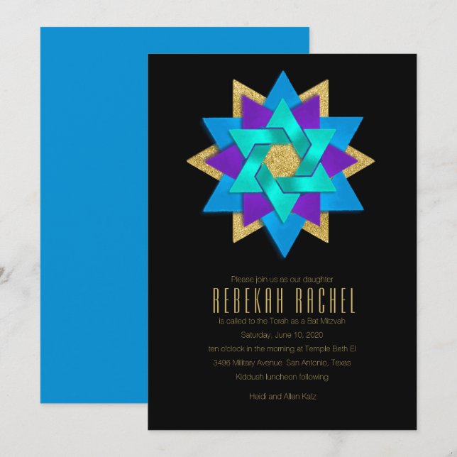 Bat mitzvah turkos Blue Lila Aqua Star Flower Inbjudningar (Fram/baksida)