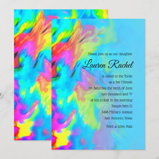 Bat mitzvah turkos Blue Lime Rosa Tie Dye Inbjudningar (Fram/baksida)