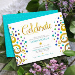 Bat mitzvah turkos Gold Foil Livets träd Bold Tilläggskort<br><div class="desc">Var stolt, gladd och visa den här milstolpen av din favoritBat mitzvah! Den här abstrakten är grafisk faux-guld-folie träd med glatt turkos, teal, lila och blue Star av David och punkt "löv" på vit bakgrund den infogade informationen om perfekt personlig party vid detta särskilda tillfälle. En liten, lätt turkotisk blå...</div>