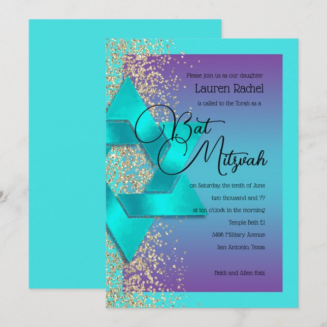 Bat mitzvah turkos Lila Ombre Guld Glitter Inbjudningar (Fram/baksida)