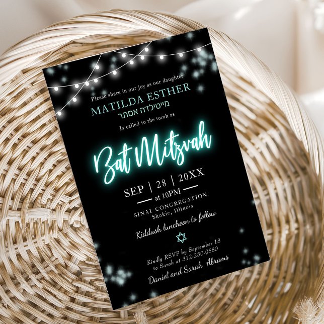 Bat Mitzvah Turkos Neon Tema Inbjudningar (Skapare uppladdad)