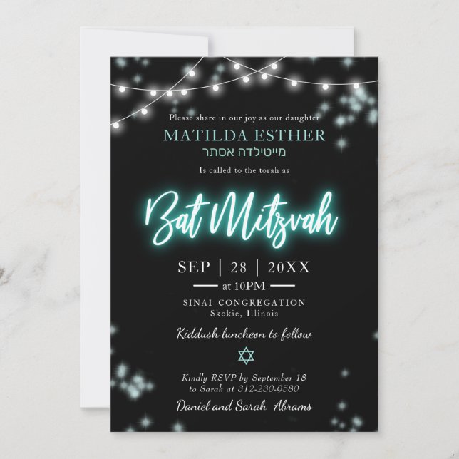 Bat mitzvah Turkos Neon ThANT Inbjudningar (Framsida)