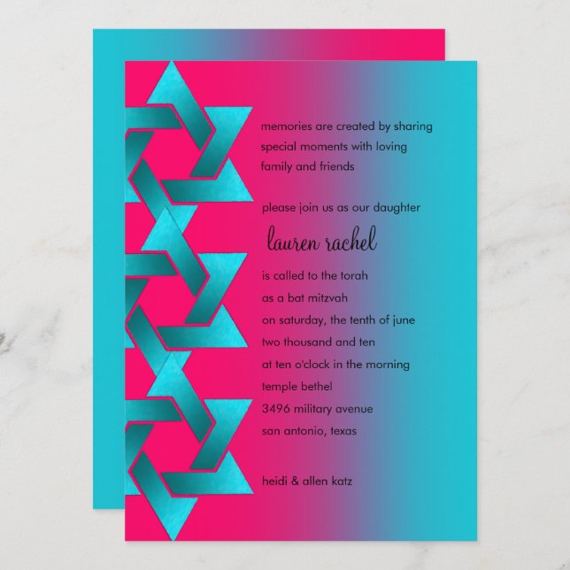 Bat mitzvah Turkos och Rosa Ombre Star i David Inbjudningar (Fram/baksida)