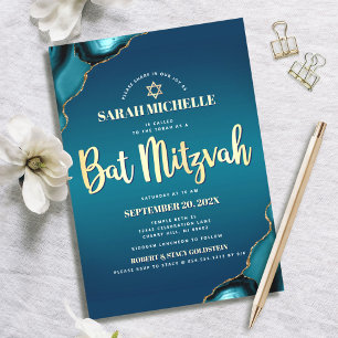 Bat Mitzvah Turkos Ombre Agat Guld Script Chic Inbjudningar