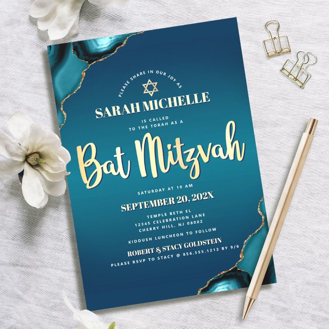 Bat Mitzvah Turkos Ombre Agat Guld Script Chic Inbjudningar (Skapare uppladdad)