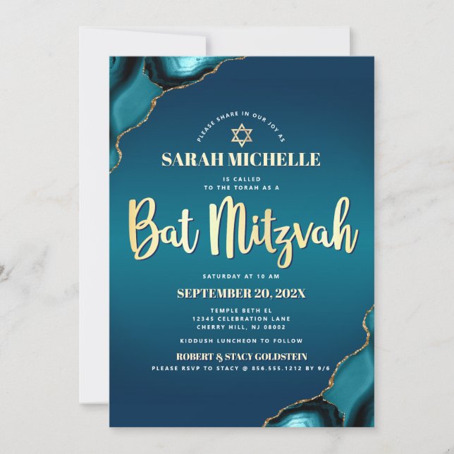 Bat Mitzvah Turkos Ombre Agat Guld Script Chic Inbjudningar (Framsida)