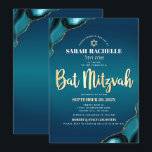 Bat Mitzvah Turkos Ombre Agat Guld Script Fetstil Inbjudningar<br><div class="desc">Var stolt, gläd dig och visa upp denna milstolpe för din favorit Bat Mitzvah! Skicka ut denna coola, unika, moderna, personliga inbjudan med hebreiskt namn till ett evenemang att minnas. Falsk guldskrift typografi, vit sans serif-typografi och en falsk guldstjärna av David överlagrar en djup turkos tealblå ombre-bakgrund med turkosblå agataccentuerad...</div>