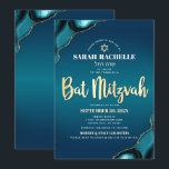 Bat Mitzvah Turkos Ombre Agat Guld Script Fetstil Inbjudningar<br><div class="desc">Var stolt, gläd dig och visa upp denna milstolpe för din favorit Bat Mitzvah! Skicka ut denna coola, unika, moderna, personliga inbjudan med hebreiskt namn till ett evenemang att minnas. Falsk guldskrift typografi, vit sans serif-typografi och en falsk guldstjärna av David överlagrar en djup turkos tealblå ombre-bakgrund med turkosblå agataccentuerad...</div>