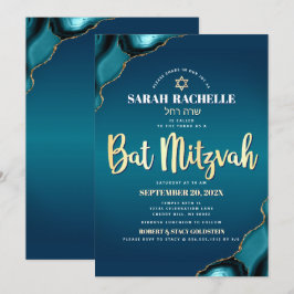 Bat Mitzvah Turkos Ombre Agat Guld Script Fetstil Inbjudningar