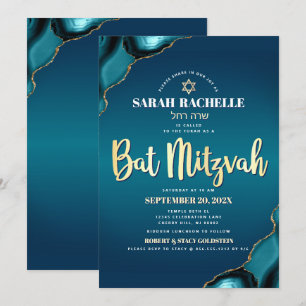 Bat Mitzvah Turkos Ombre Agat Guld Script Fetstil Inbjudningar