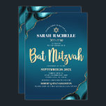 Bat mitzvah turkos Ombre Agate Guld-skript fet Inbjudningar<br><div class="desc">Var stolt, gladd och visa den här milstolpen av din favoritBat mitzvah! Skicka ut den här coolan, unik, modern, personlig, Hebrew namn inbjudan om ett evenemang att minnas. Faux guld-folie, typografi, vit sans serif-typografi och faux guld-Star av David övertäckte en djup turkos teal blue ombre-bakgrund med turkos blue agate accated...</div>