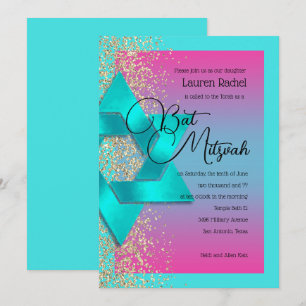 Bat mitzvah turkos Rosa Ombre Faux Guld Glitter Inbjudningar