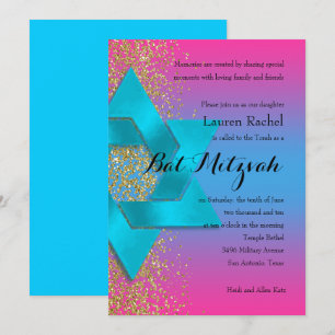 Bat mitzvah turkos Rosa Ombre Faux Guld Glitter Inbjudningar