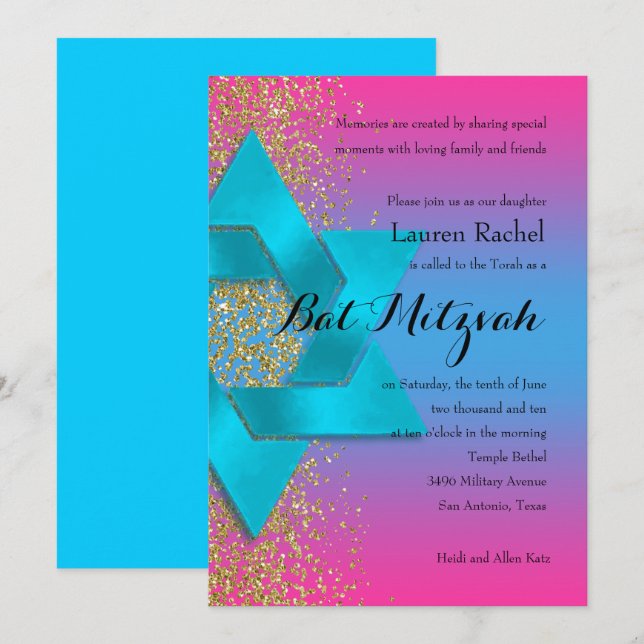Bat mitzvah turkos Rosa Ombre Faux Guld Glitter Inbjudningar (Fram/baksida)