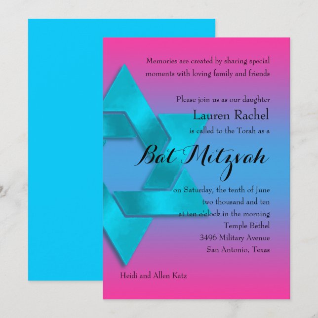 Bat mitzvah turkos till Rosa Ombre med Star Inbjudningar (Fram/baksida)