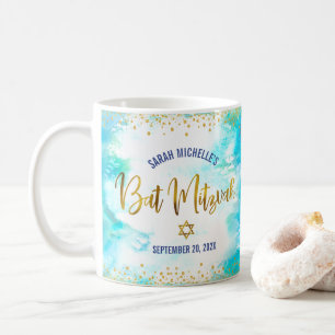 Bat Mitzvah Turkos Vattenfärg Guld Script Fetstil Kaffemugg