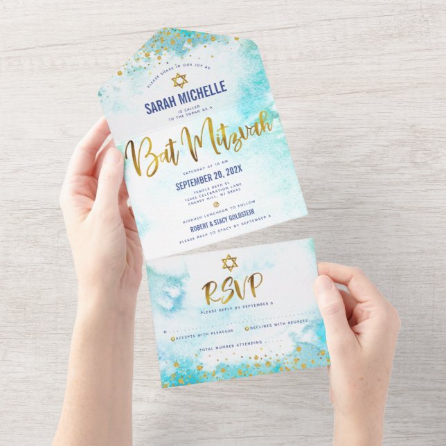 Bat Mitzvah turkos vattenfärg guld skript flickakt (Avrivbar del)