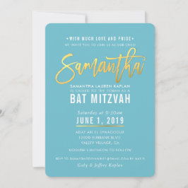 BAT MITZVAH turkos vit guld-skript SAMANTHA Inbjudningar