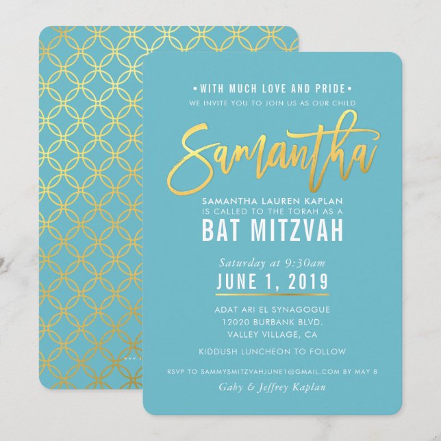 BAT MITZVAH turkos vit guld-skript SAMANTHA Inbjudningar (Fram/baksida)